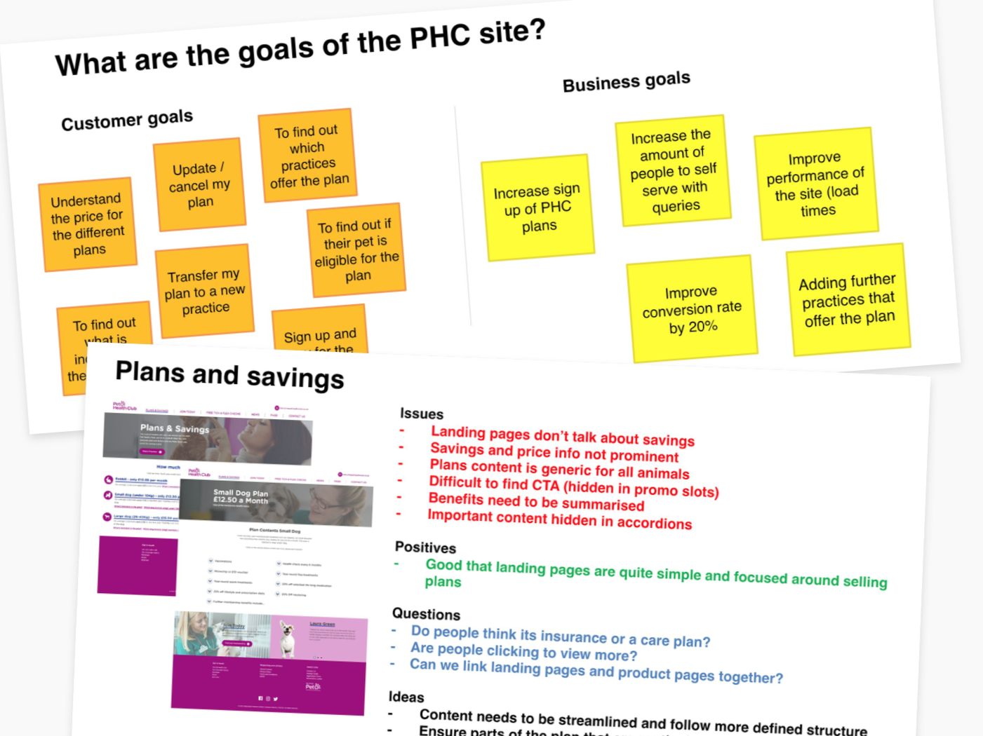 Examples slides of the kick off workshop showing project objectives and review of existing site